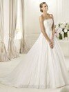 A-line Strapless Elastic Woven Satin Sweep Train Appliques Wedding Dresses #00018047