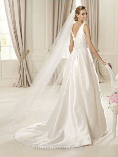 A-line V-neck Satin Sweep Train Beading Wedding Dresses #00018054