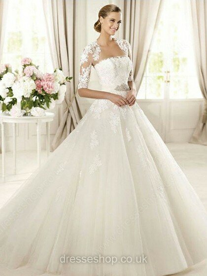 White Square Neckline Tulle Appliques Lace Ball Gown Nice Wedding Dress #00018057