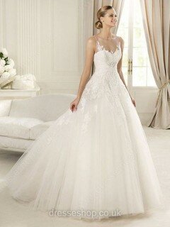 Ball Gown Scoop Neck Tulle Appliques Lace Online White Wedding Dresses #00018060