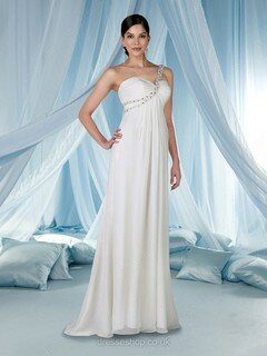 Sheath/Column One Shoulder Chiffon Floor-length Beading Wedding Dresses #00018079