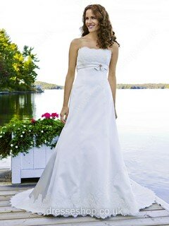 Promotion Strapless White Satin Sashes / Ribbons Court Train Wedding Dress #00018099