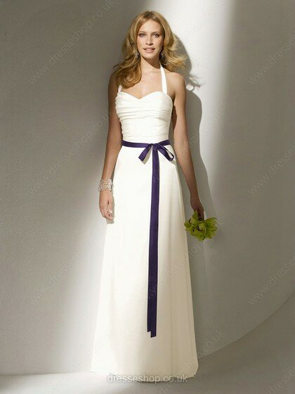 Sheath/Column Halter White Chiffon with Sashes/Ribbons Open Back Wedding Dress #00018105