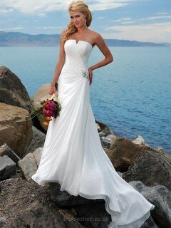 Strapless White Chiffon Beading Sweep Train Exclusive Wedding Dress #00018154