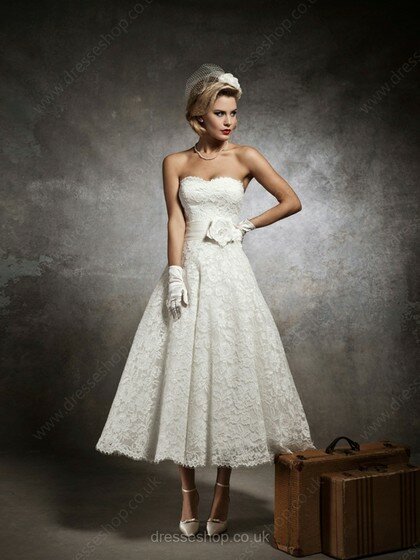 White Sweetheart Lace with Sashes/Ribbons Perfect Tea-length Wedding Dress #00018161