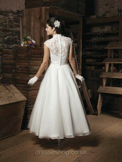 Ivory V-neck Ankle-length Appliques Lace Organza Wedding Dresses #00018167