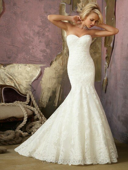 Trumpet/Mermaid Ivory Sweetheart Lace Buttons Open Back Wedding Dresses #00018268