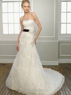 Popular Sweetheart Court Train Sashes/Ribbons White Lace Wedding Dress #00018274
