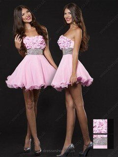Unique Short/Mini Strapless Chiffon with Flower(s) Pink Prom Dresses #02012236
