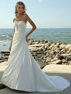 A-line Strapless Elastic Woven Satin Sweep Train Beading Wedding Dresses #00018387