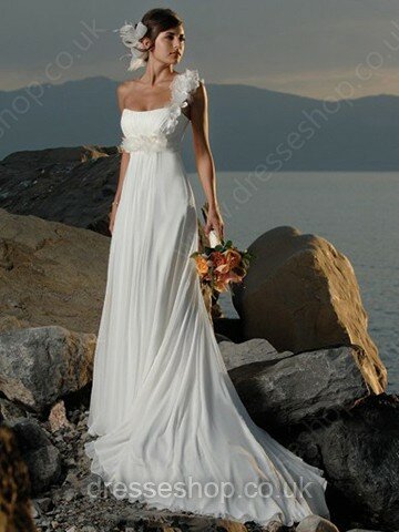 One Shoulder White Chiffon Flower(s) Court Train Lace-up Wedding Dresses #00018396