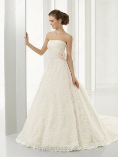 A-line Strapless Lace Court Train Flower(s) Wedding Dresses #00018421
