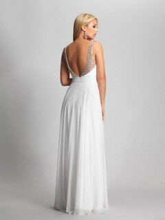 Open Back V-neck White Chiffon Tulle Beading Floor-length Prom Dress #02012258