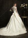 V-neck Ivory Lace Satin Chapel Train Bow Long Sleeve Wedding Dress #00018629