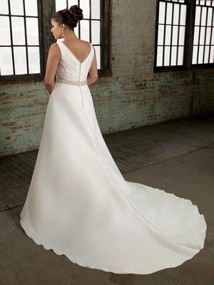 A-line V-neck Organza Satin Court Train Ruffles Wedding Dresses #00018648