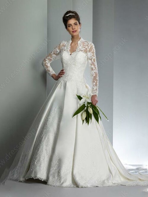Long Sleeve V-neck Satin Lace Appliques Lace Different Ball Gown Wedding Dress #00018680