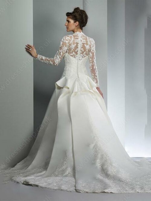 Long Sleeve V-neck Satin Lace Appliques Lace Different Ball Gown Wedding Dress #00018680