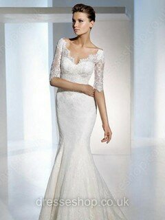 Trumpet/Mermaid 1/2 Sleeve White Lace Draped V-neck Wedding Dresses #00018687