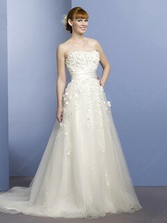 A-line Strapless Tulle Satin Sweep Train Appliques Wedding Dresses #00018700