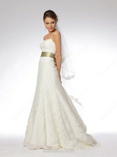 A-line Strapless Lace Sweep Train Sashes / Ribbons Wedding Dresses #00018704