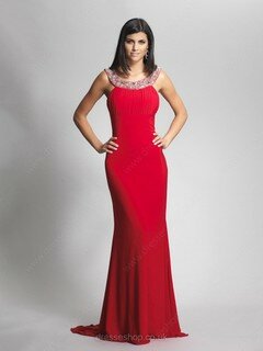 Red Open Back Silk-like Satin Beading Scoop Neck Sheath/Column Prom Dresses #02012289