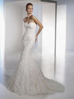 Trumpet/Mermaid Great Lace Appliques Lace Sweetheart White Wedding Dresses #00018836