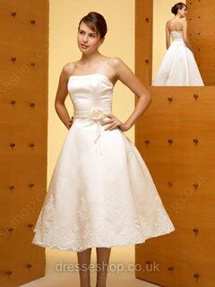 A-line Strapless Satin Tea-length Flower(s) Wedding Dresses #00018849