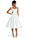 A-line Straps Taffeta Tea-length Pleats Wedding Dresses #00018857