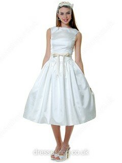 A-line Bateau Satin Tea-length Bow Wedding Dresses #00018860