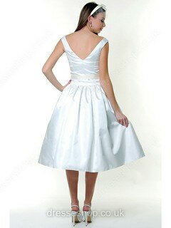 A-line Bateau Satin Tea-length Bow Wedding Dresses #00018860