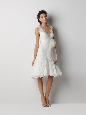 A-line Straps Lace Knee-length Sashes / Ribbons Wedding Dresses #00018893