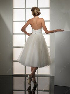 A-line Notched Tulle Satin Tea-length Flower(s) Wedding Dresses #00018896