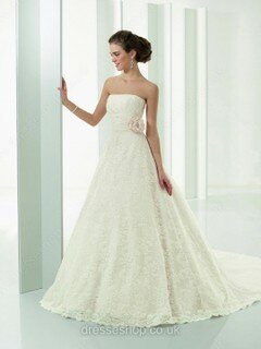 A-line Strapless Lace Court Train Flower(s) Wedding Dresses #00018899
