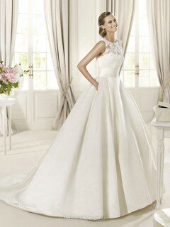 White Scoop Neck Satin with Lace Ball Gown Latest Wedding Dresses #00020229