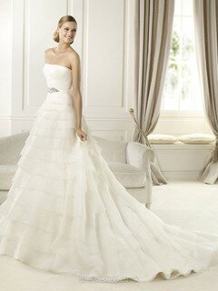 Strapless Organza Court Train Sashes/Ribbons White Affordable Wedding Dress #00020235