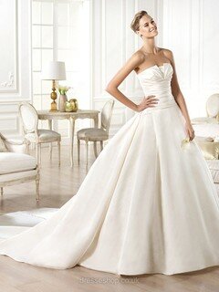 Ball Gown Strapless Ivory Satin Chapel Train Simple Wedding Dress #00020236
