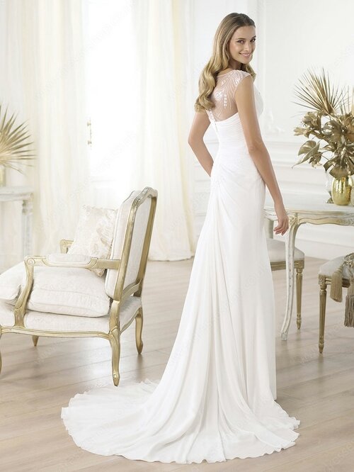 Sheath/Column V-neck Cap Straps Pleats Ivory Chiffon Wedding Dresses #00020241