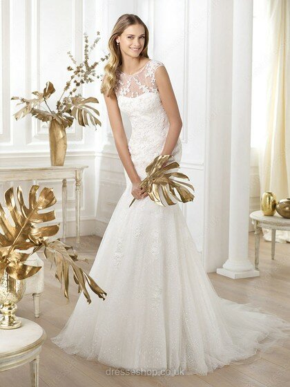 Trumpet/Mermaid White Scoop Neck Tulle with Appliques Lace Top Wedding Dresses #00020249