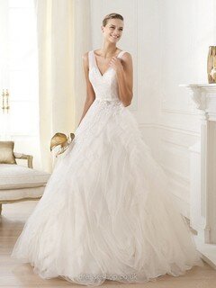 Ball Gown V-neck Tulle Floor-length Sashes / Ribbons Wedding Dresses #00020264