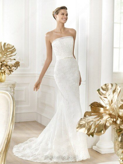Beautiful Trumpet/Mermaid Lace Sashes/Ribbons White Strapless Wedding Dress #00020266