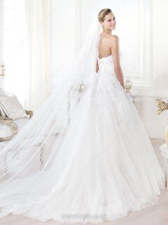Court Train Strapless White Gorgeous Tulle Appliques Lace Wedding Dress #00020272