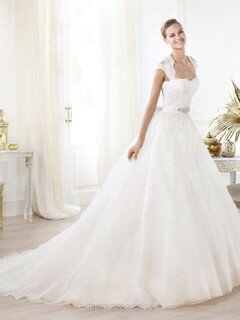 Cap Straps Sweetheart White Lace Organza Beading Ball Gown Wedding Dresses #00020273