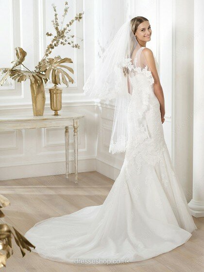 Popular Trumpet/Mermaid White Tulle Appliques Lace V-neck Wedding Dress #00020280