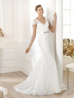 Famous V-neck Lace Sashes/Ribbons Sheath/Column Short Sleeve Wedding Dresses #00020281