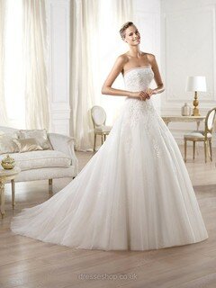 Promotion Ball Gown White Tulle Appliques Lace Strapless Wedding Dresses #00020291
