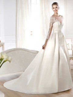 Hot 3/4 Sleeve Scoop Neck Satin Appliques Lace Detachable Wedding Dress #00020297