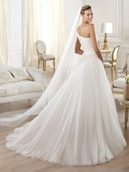 Pretty One Shoulder White Tulle Appliques Lace Princess Wedding Dress #00020304
