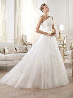 Pretty One Shoulder White Tulle Appliques Lace Princess Wedding Dress #00020304