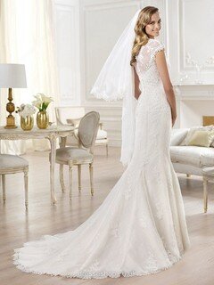 White Cap Straps Discount V-neck Lace Trumpet/Mermaid Wedding Dresses #00020305