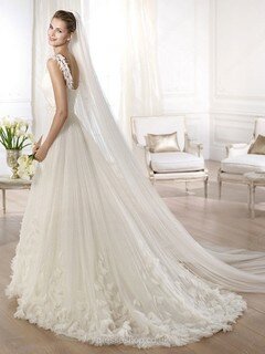 V-neck Tulle Court Train Open Back Flower(s) Ivory Wedding Dresses #00020312